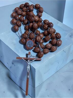 Vintage Large 57" Wall Rosary Wood Beads Huge Crucifix Lourdes Centerpie